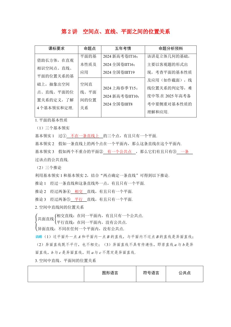 备考2025届高考数学一轮复习讲义第七章立体几何与空间向量第2讲空间点直线平面之间的位置关系