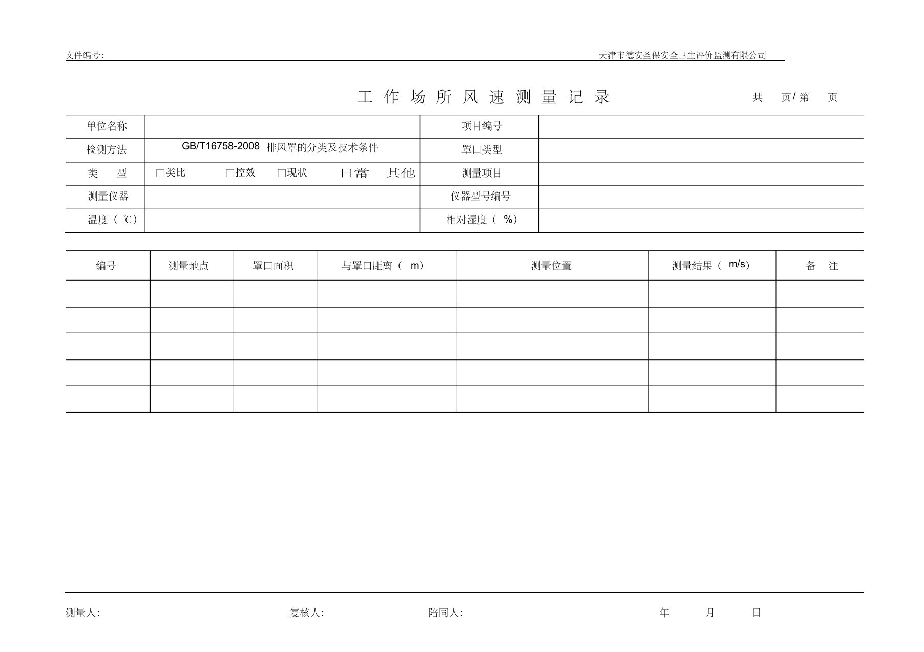 工作场所风速测量记录