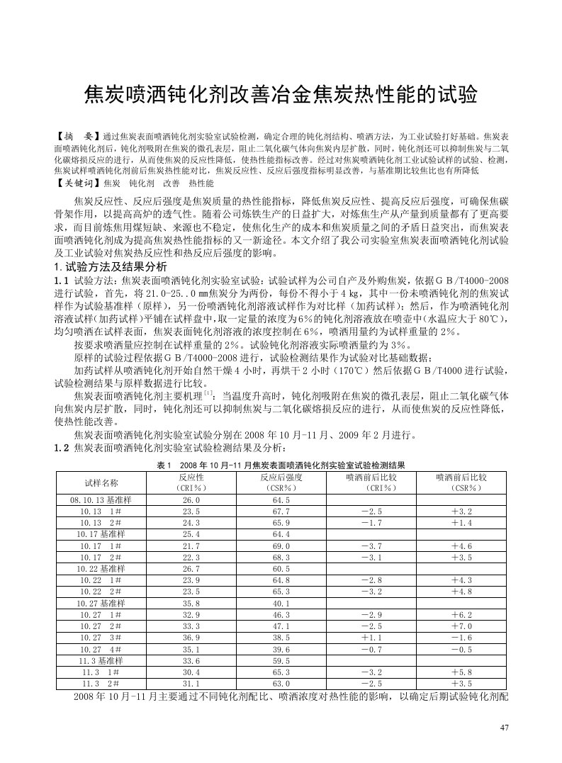 焦炭喷洒钝化剂改善冶金焦炭热性能的试验