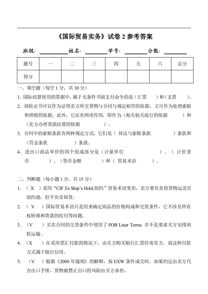 国际贸易实务考题2参考答案