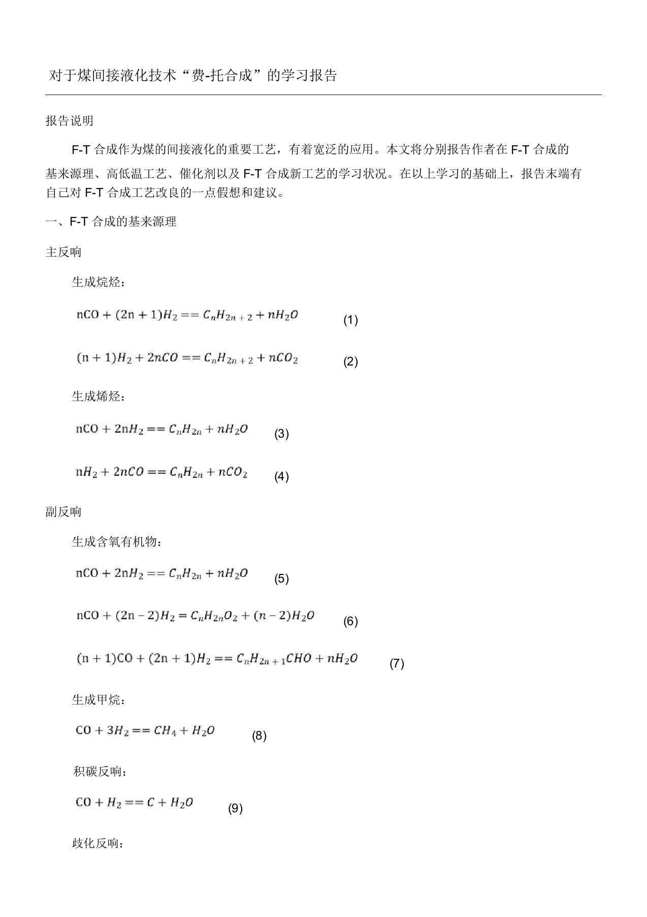 费托合成工艺学习报告(本科)