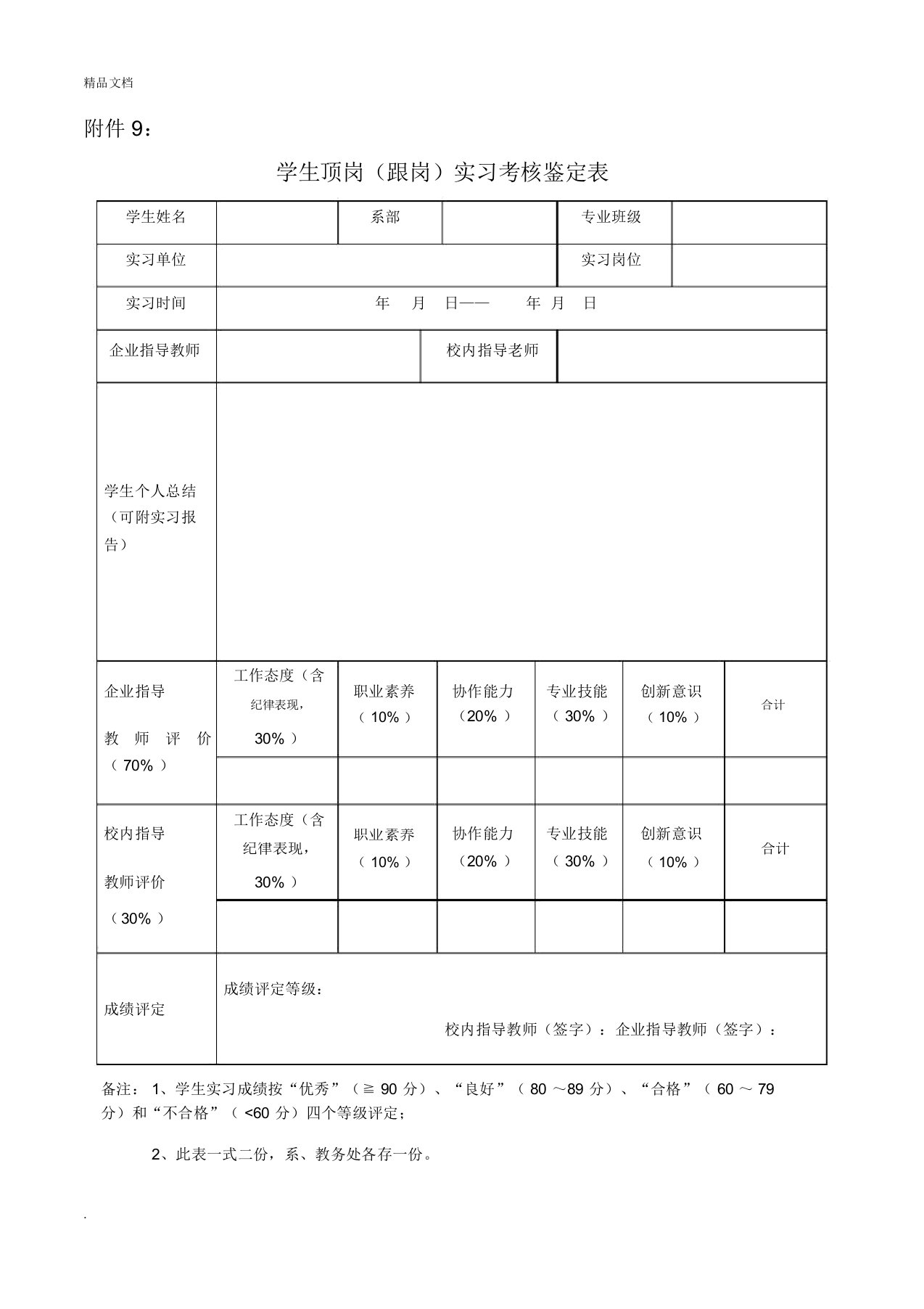 学生顶岗跟岗实习考核鉴定表