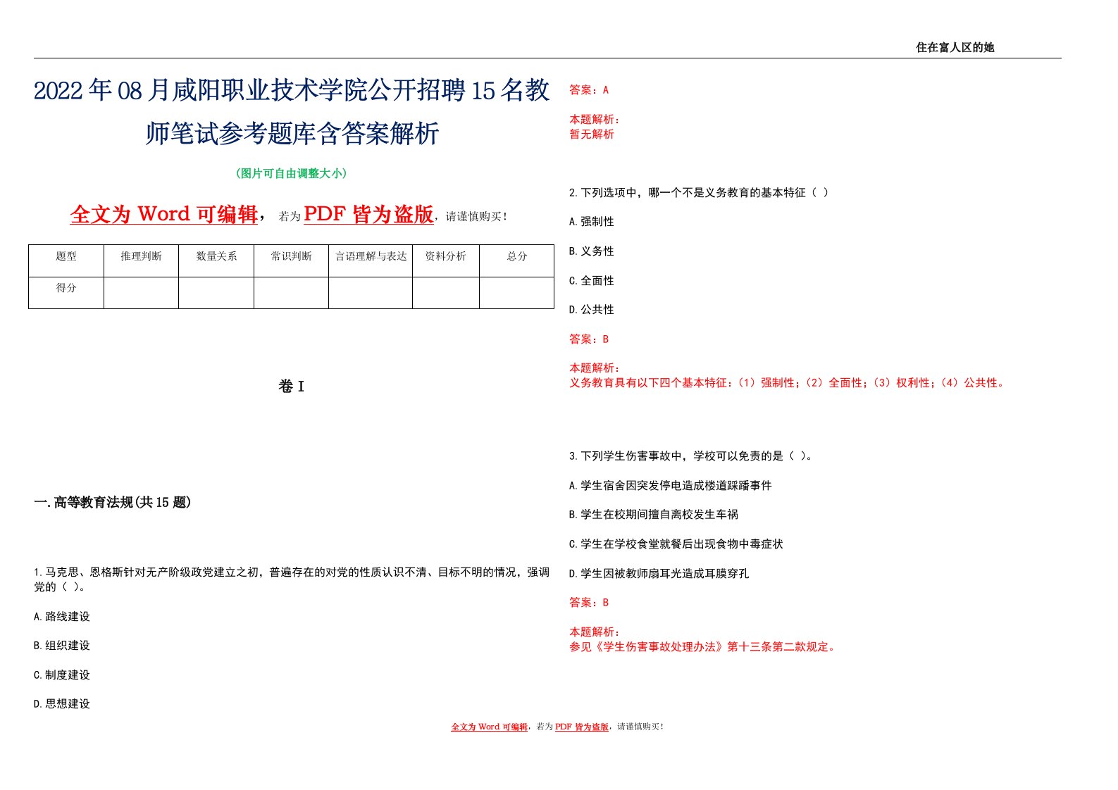 2022年08月咸阳职业技术学院公开招聘15名教师笔试参考题库含答案解析