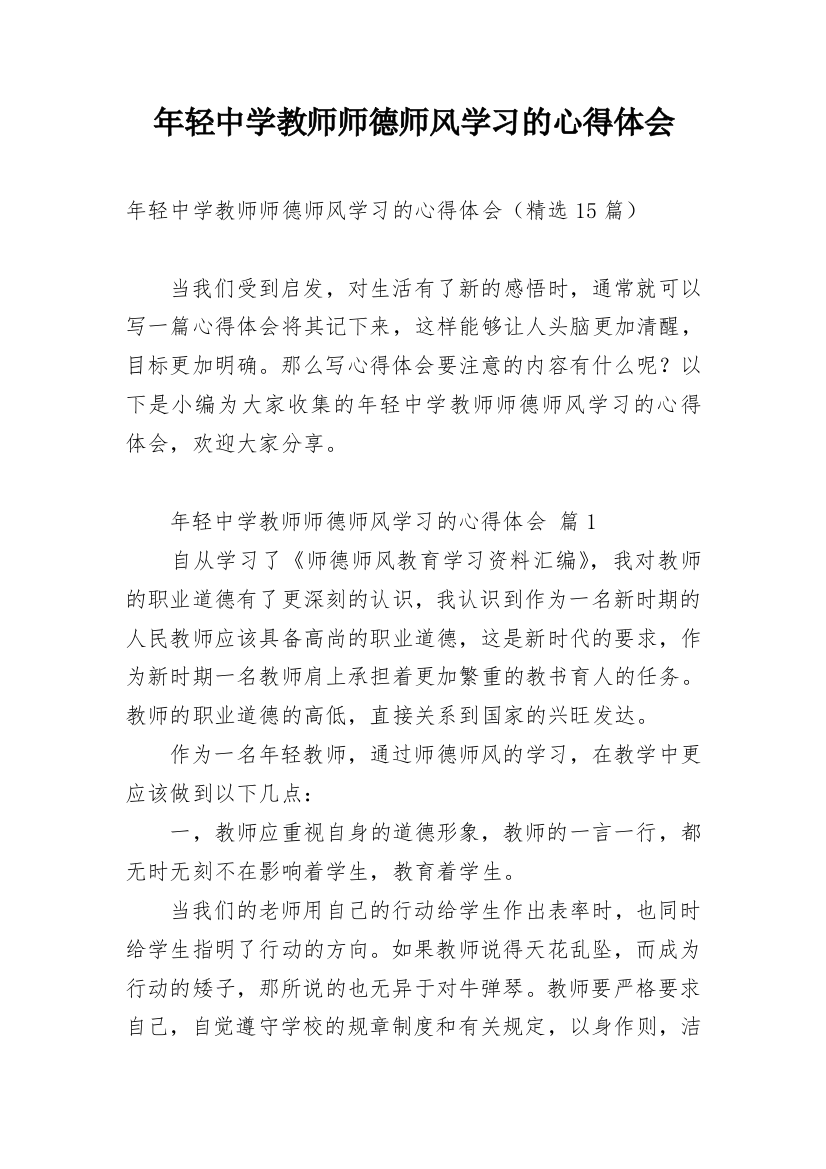 年轻中学教师师德师风学习的心得体会