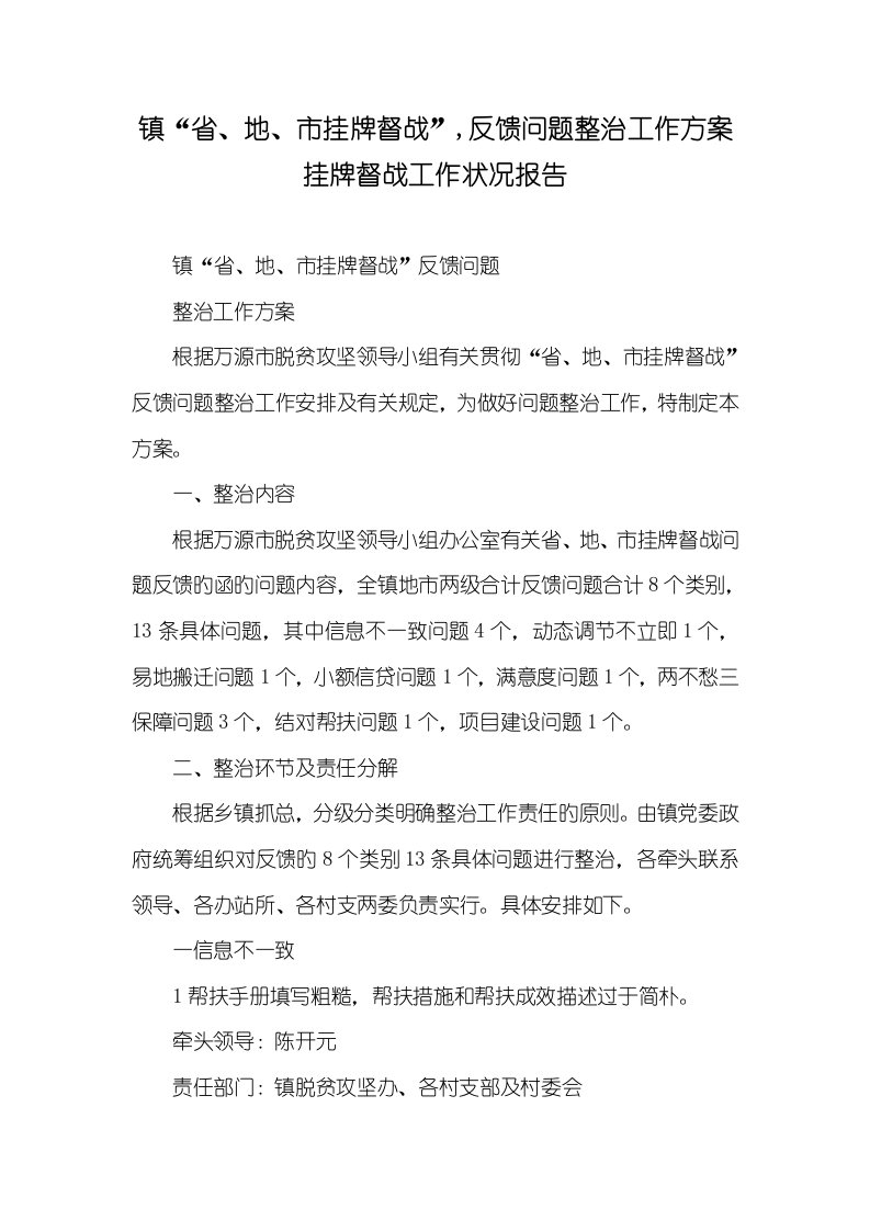 2022年镇“省、地、市挂牌督战”反馈问题整改工作方案挂牌督战工作情况汇报