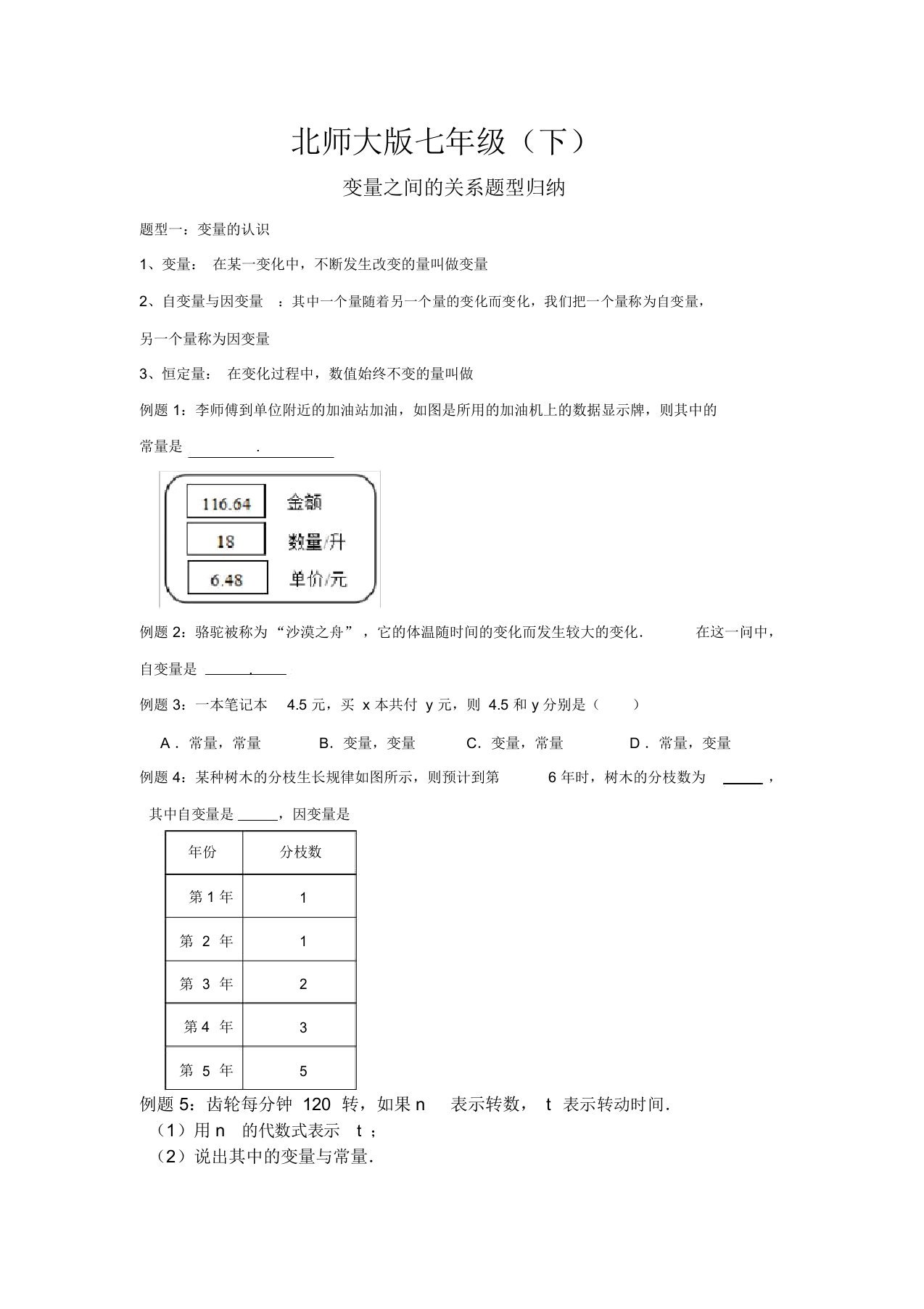 北师大版数学七年级下第3章《变量之间的关系》题型归纳汇总讲义设计(无答案)