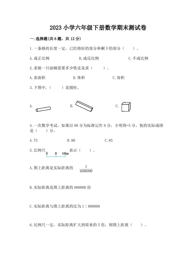 2023小学六年级下册数学期末测试卷（夺冠系列）