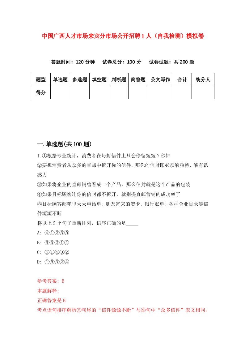 中国广西人才市场来宾分市场公开招聘1人自我检测模拟卷第9套