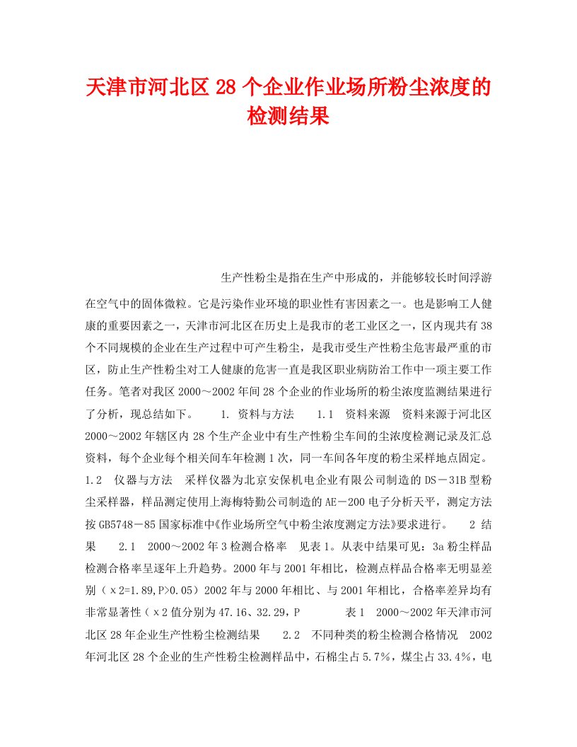 精编安全管理职业卫生之天津市河北区28个企业作业场所粉尘浓度的检测结果