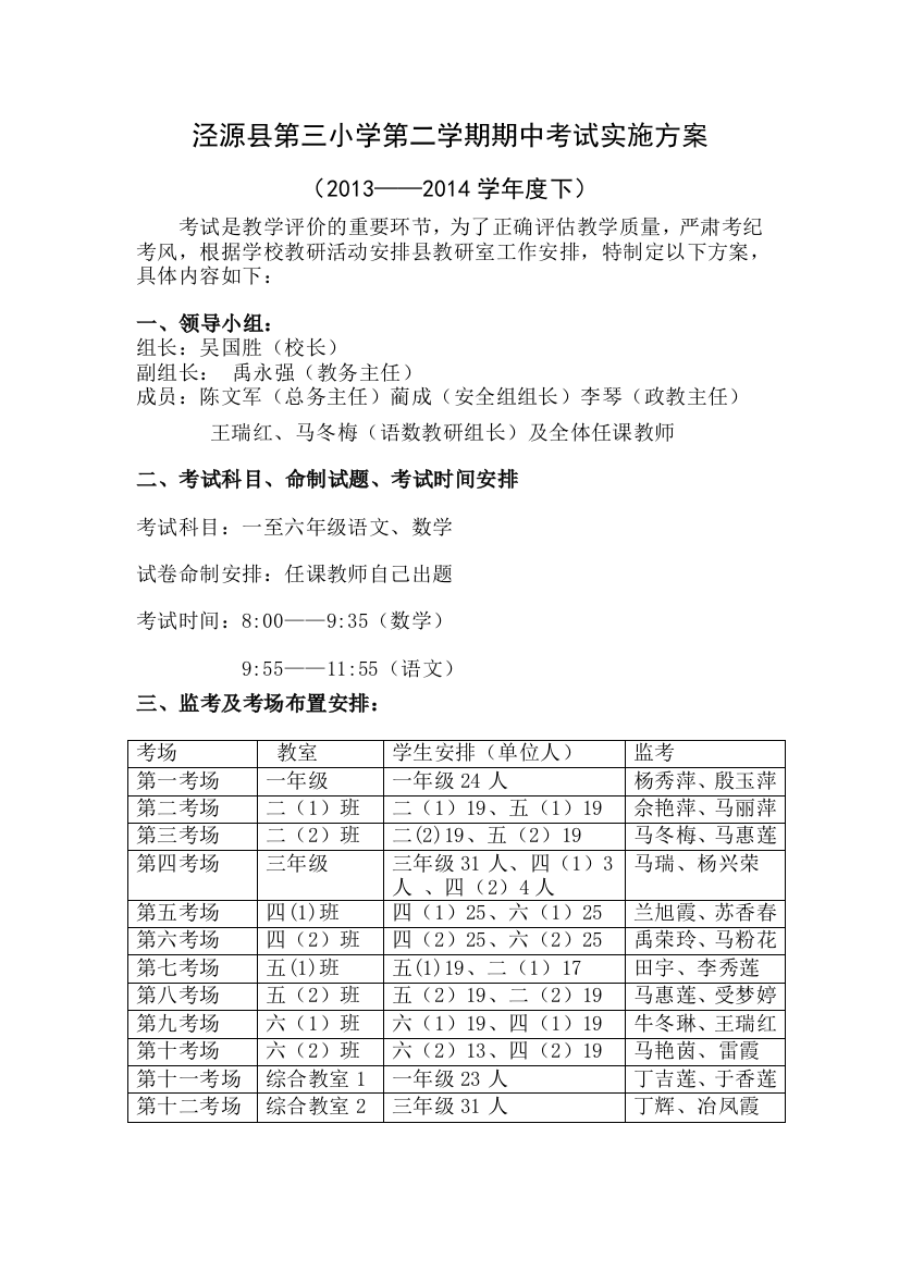 泾源三小2014年下期中考试实施方案