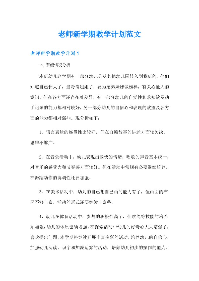 老师新学期教学计划范文