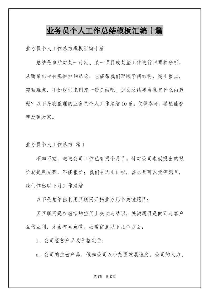 业务员个人工作总结模板汇编十篇