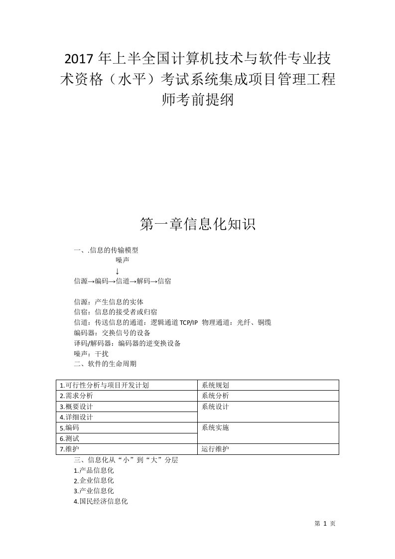 2017年上半全国计算机技术与软件专业技术资格(水平)考试系统集成项目管理工程师考前提纲