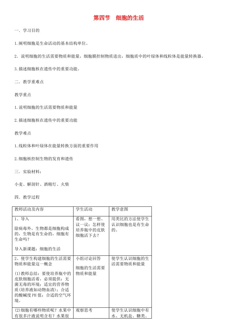 七年级生物上册第2单元第1章第4节细胞的生活教案