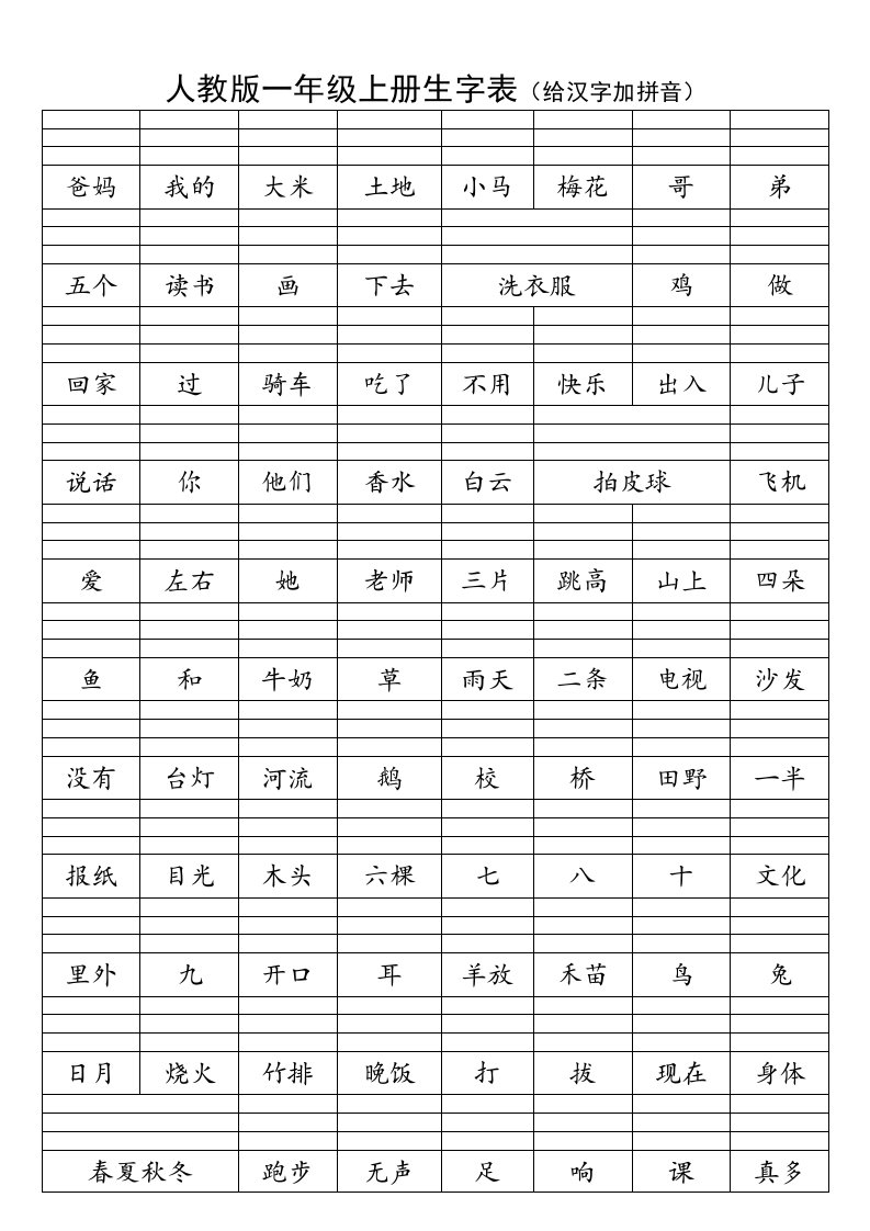 一年级上册生字表给汉字加拼音