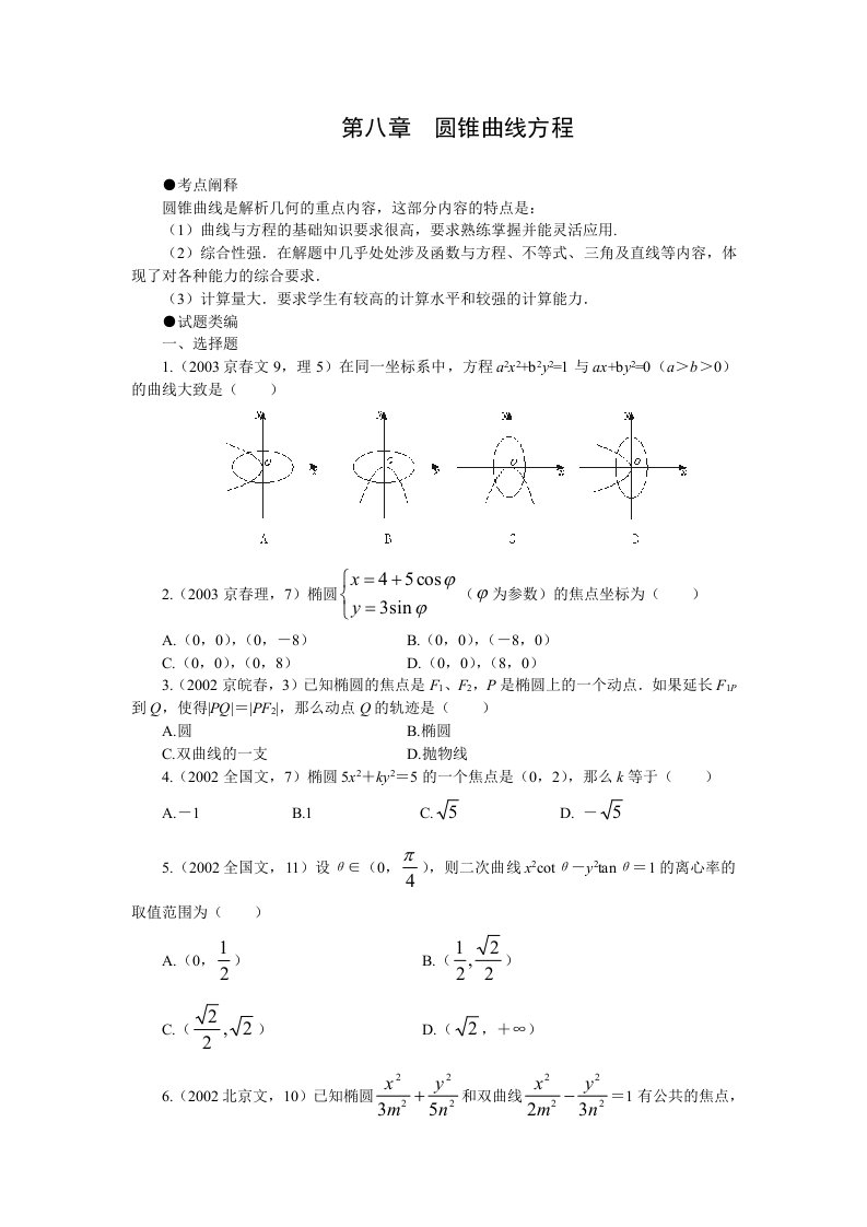 多年高考试题分类汇总08第八章圆锥曲线方程