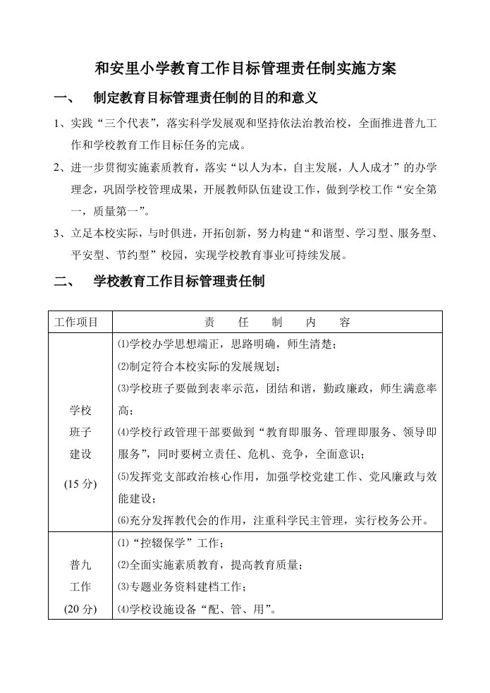 学校教育工作目标管理责任制实施方案