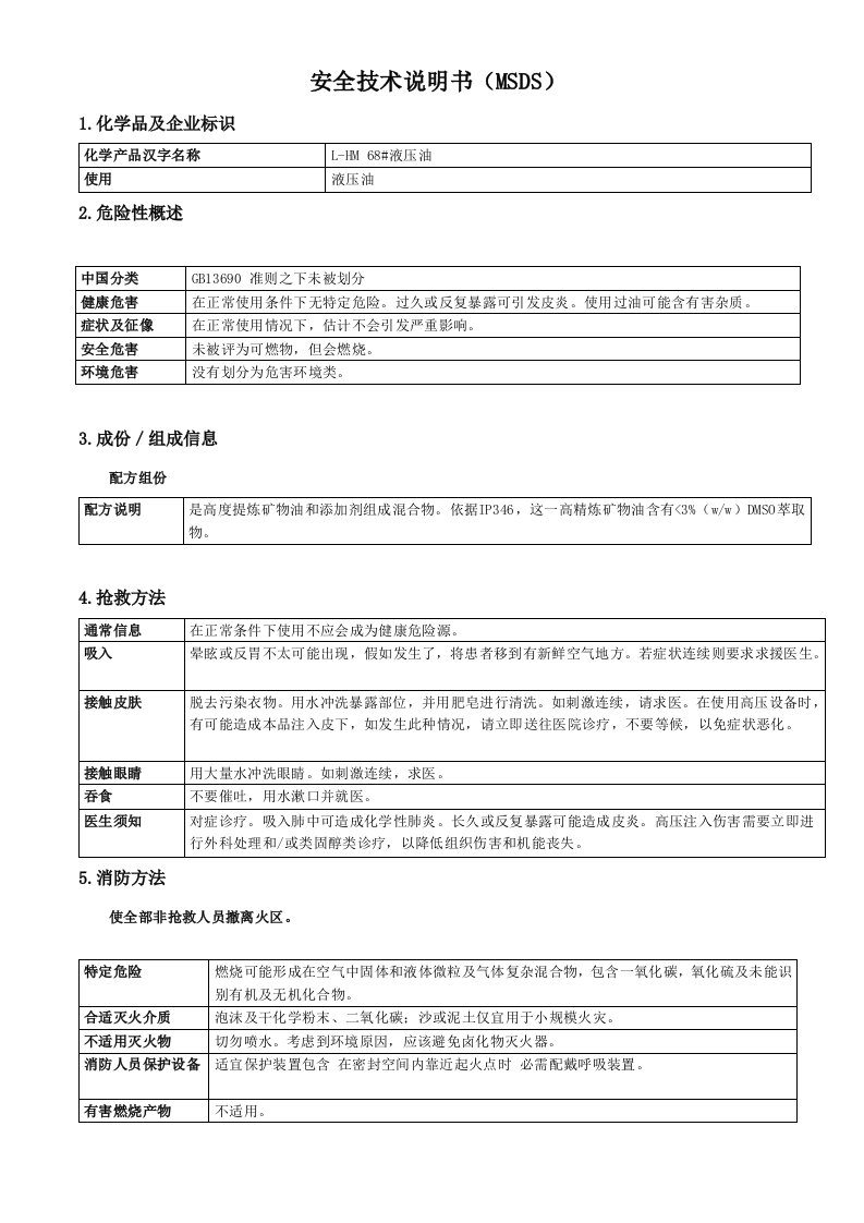 68抗磨液压油MSDS样稿