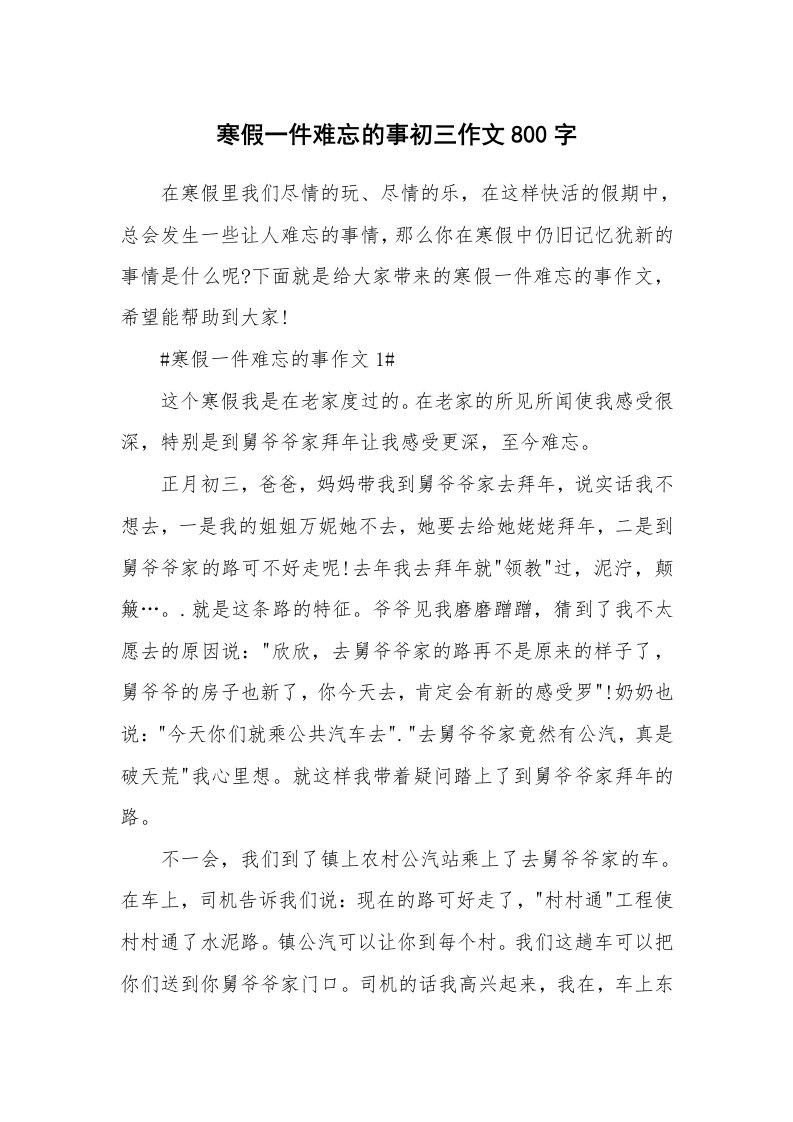 寒假一件难忘的事初三作文800字