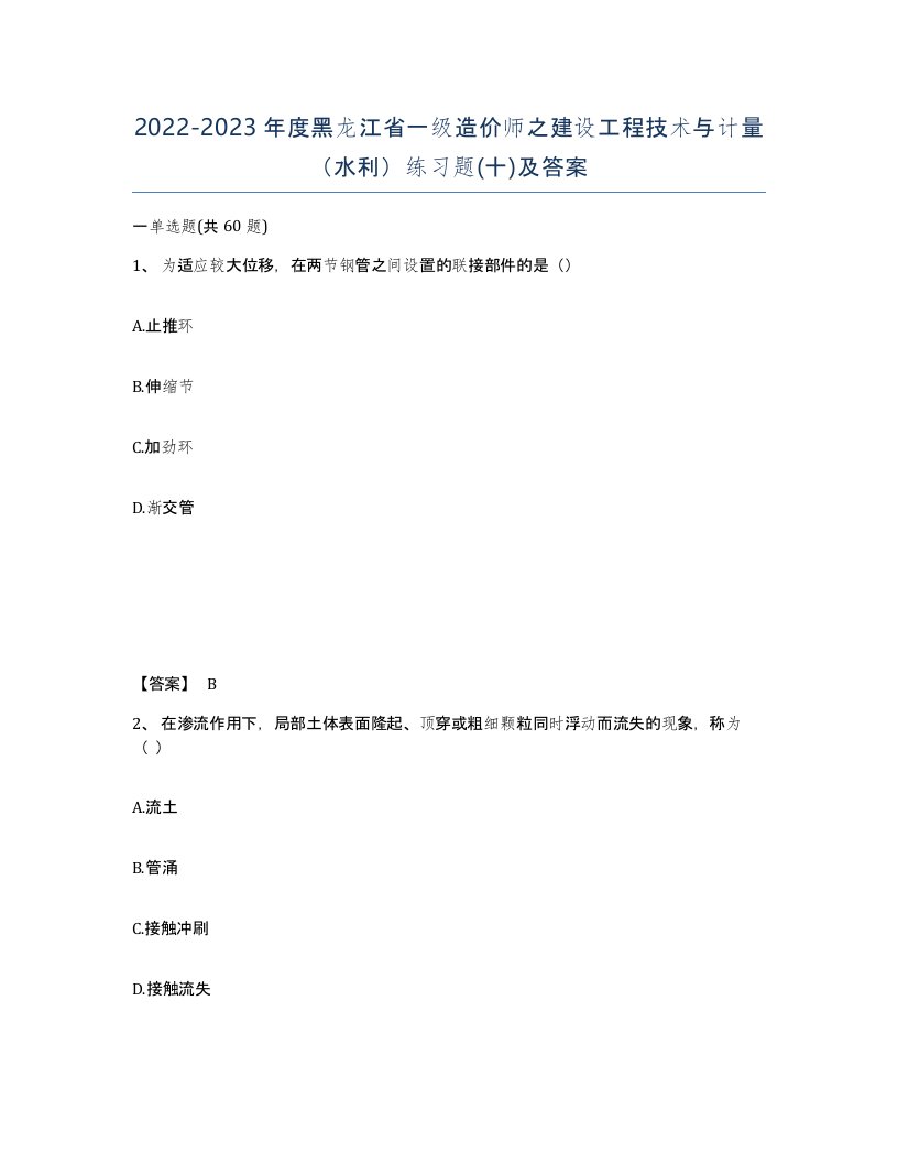 2022-2023年度黑龙江省一级造价师之建设工程技术与计量水利练习题十及答案