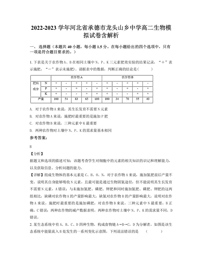 2022-2023学年河北省承德市龙头山乡中学高二生物模拟试卷含解析