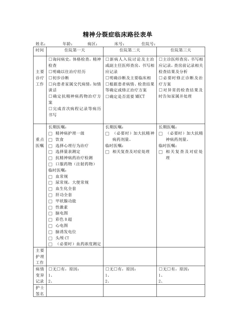 精神分裂症临床路径表单