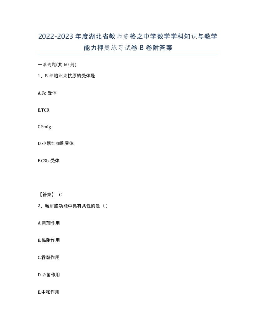 2022-2023年度湖北省教师资格之中学数学学科知识与教学能力押题练习试卷B卷附答案