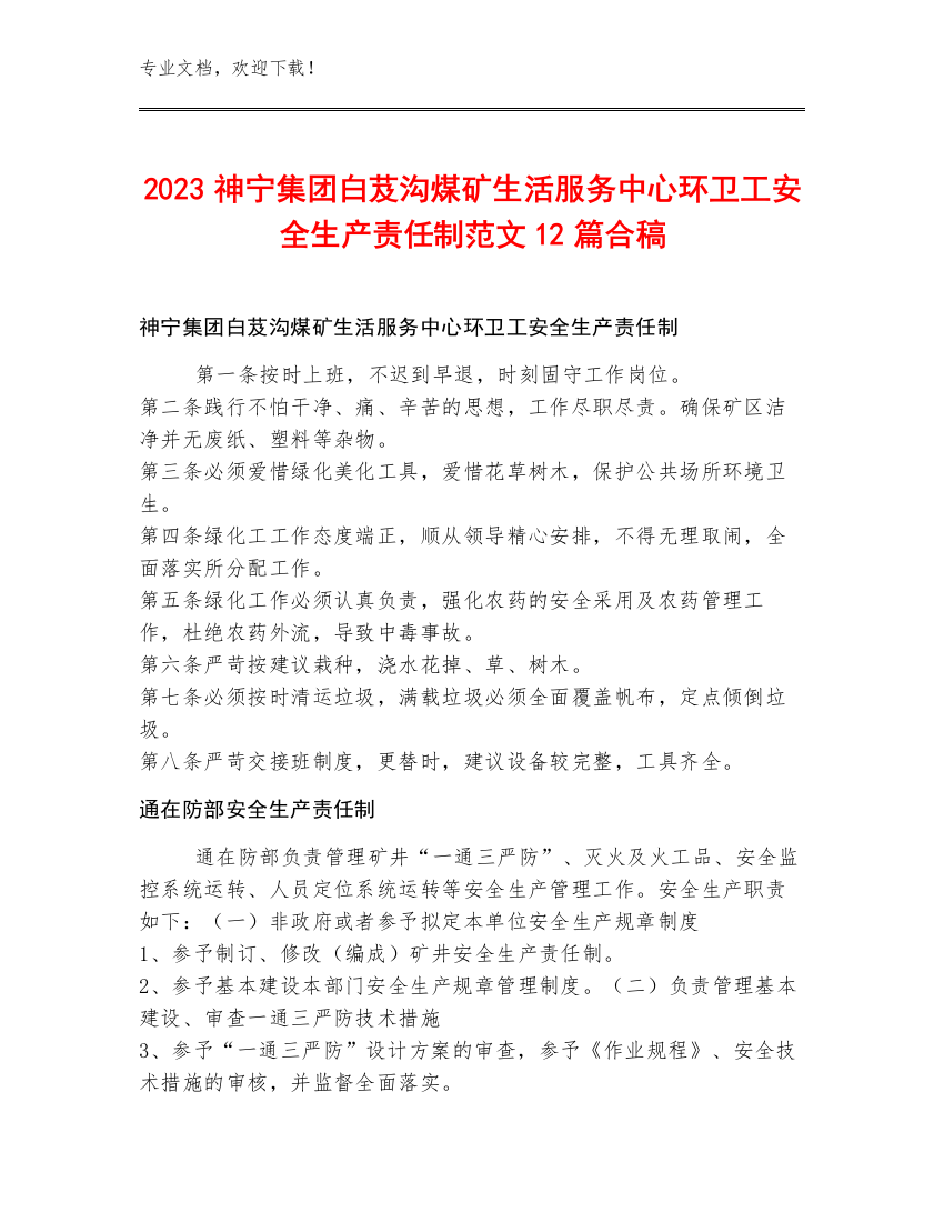 2023神宁集团白芨沟煤矿生活服务中心环卫工安全生产责任制范文12篇合稿