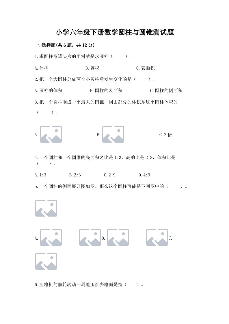 小学六年级下册数学圆柱与圆锥测试题附参考答案【a卷】