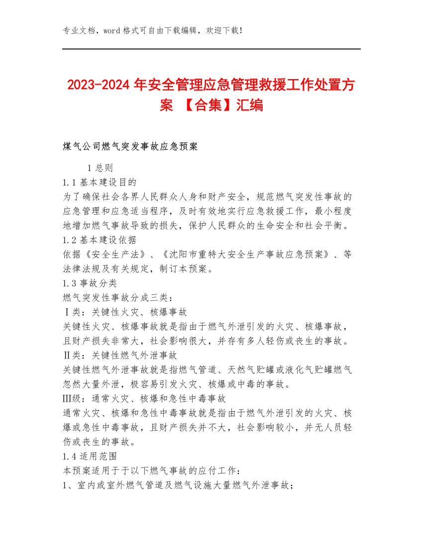 2023-2024年安全管理应急管理救援工作处置方案