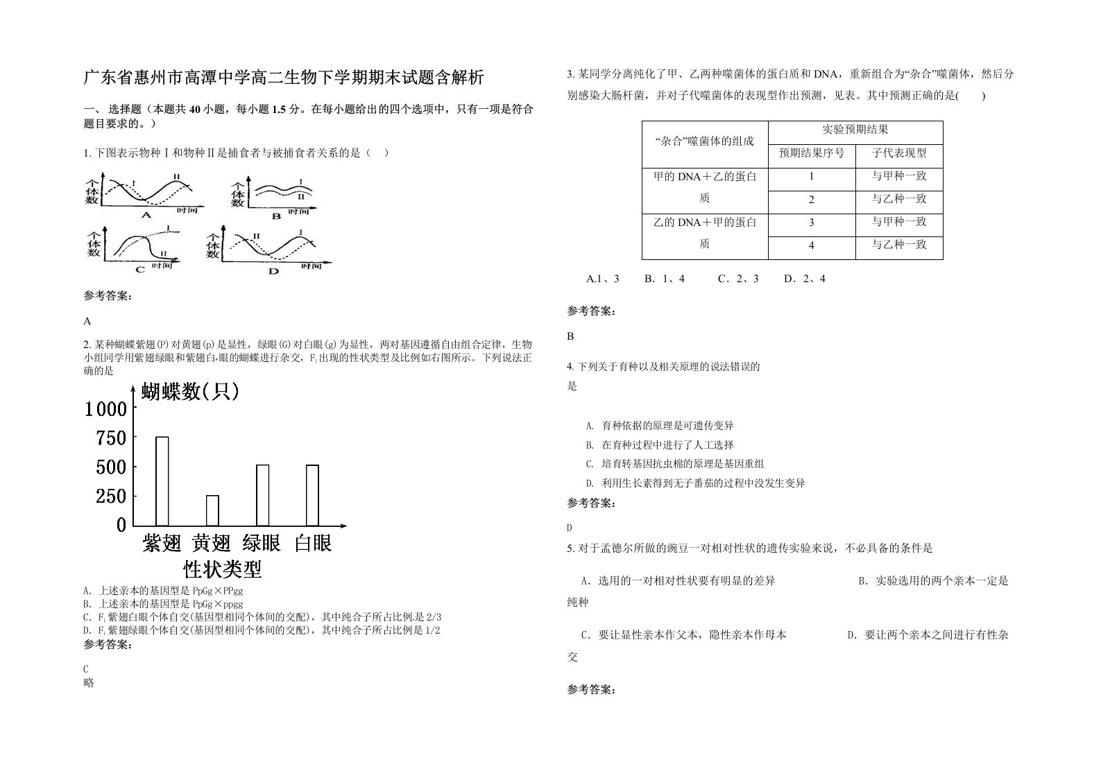 广东省惠州市高潭中学高二生物下学期期末试题含解析