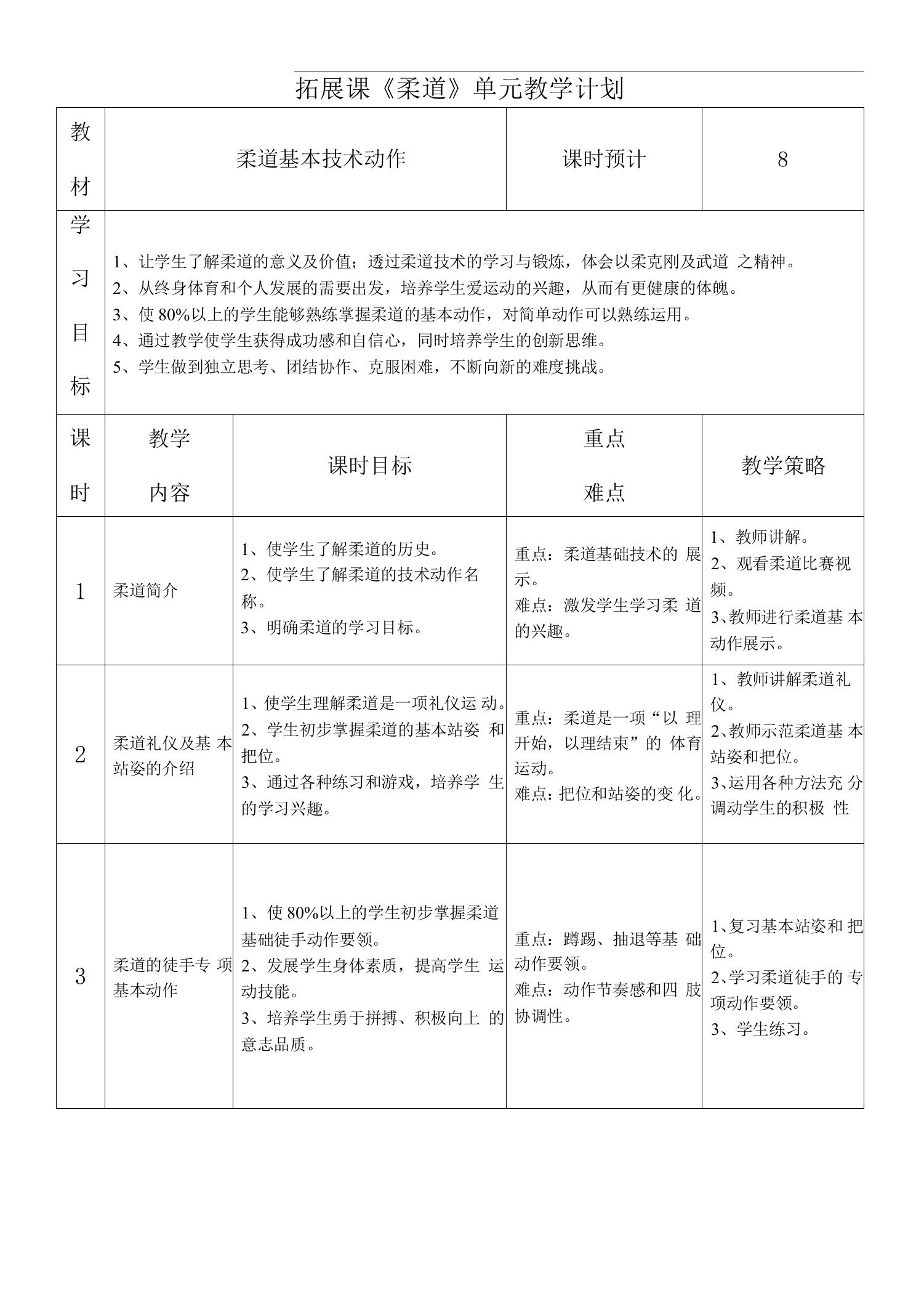 水平五（高一）体育《柔道基本技术动作—背负投》教学设计及教案（附单元教学计划）