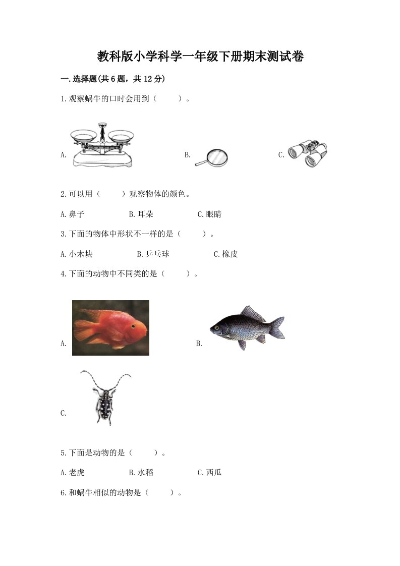 教科版小学科学一年级下册期末测试卷ab卷