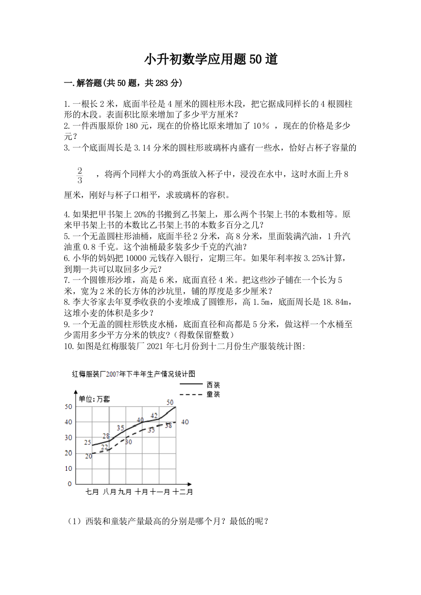 小升初数学应用题50道含答案(黄金题型)