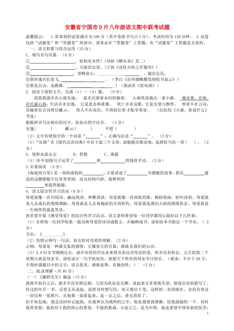 安徽省宁国市D片八级语文期中联考试题