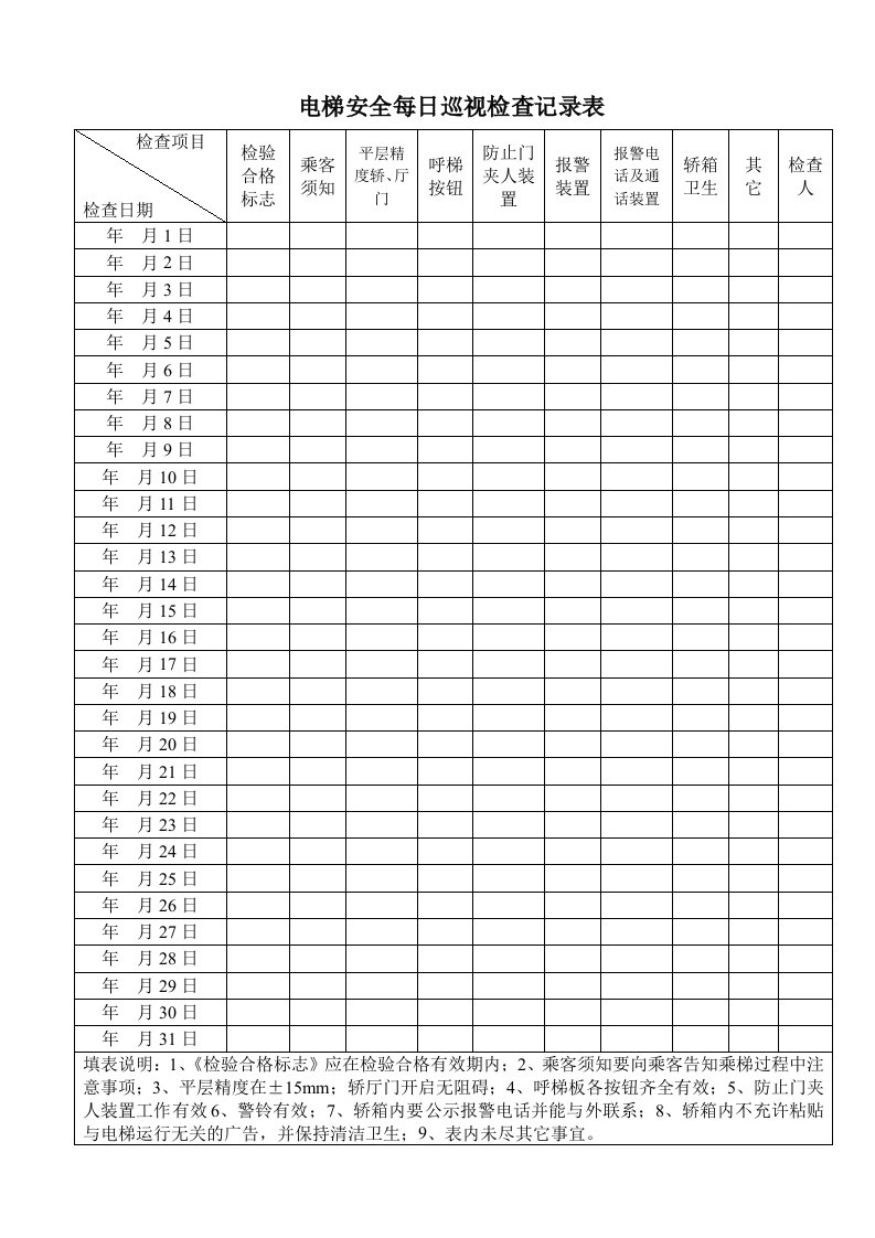 电梯安全日常检查记录表