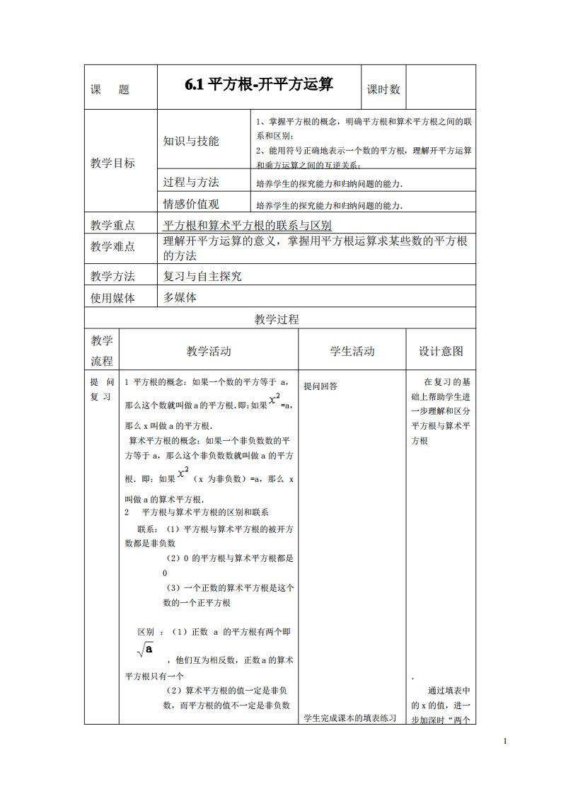 公开课沪科版初中数学七年级下第6章6.1平方根教案