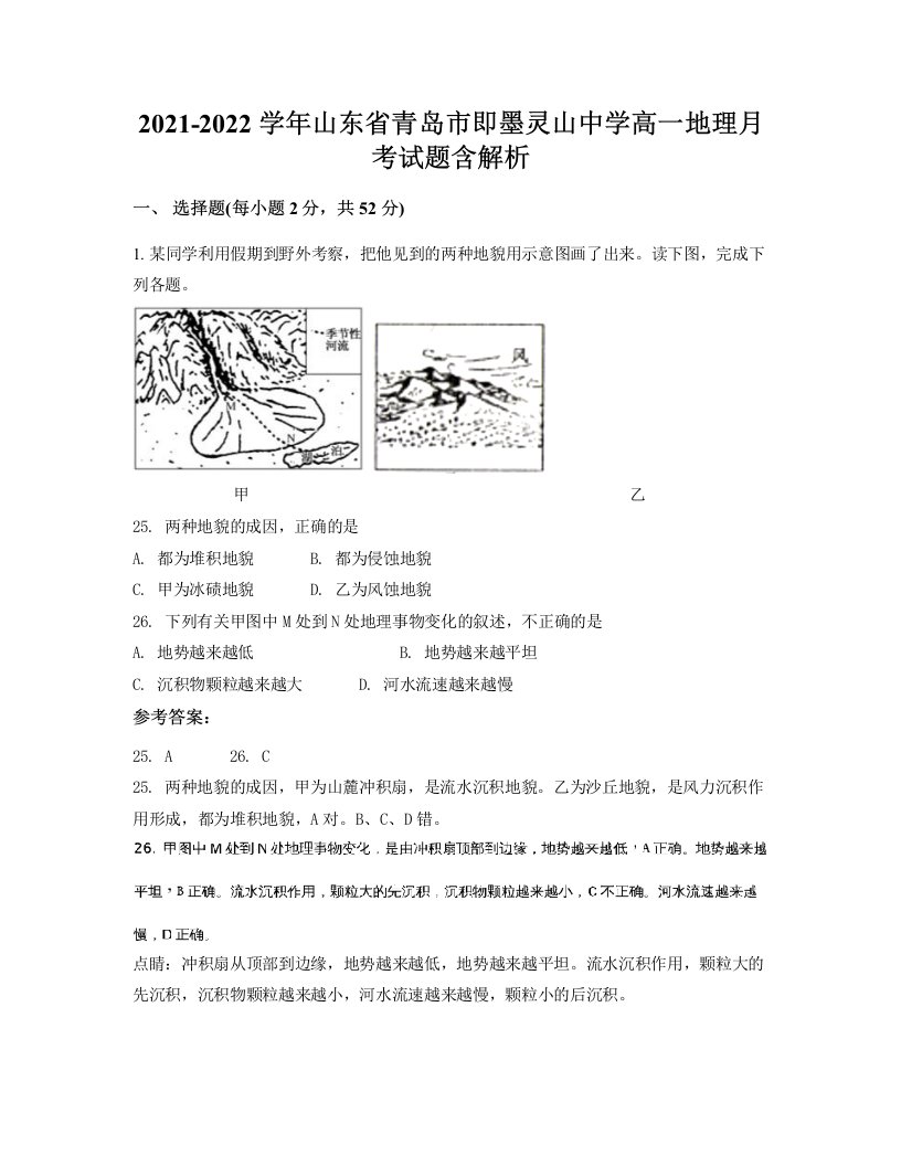 2021-2022学年山东省青岛市即墨灵山中学高一地理月考试题含解析