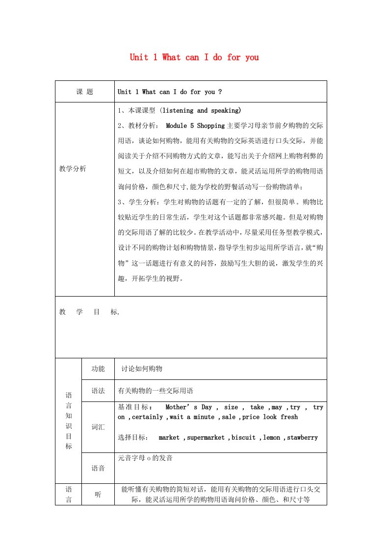 七年级英语下册Module5ShoppingUnit1WhatcanIdoforyou教学设计外研版