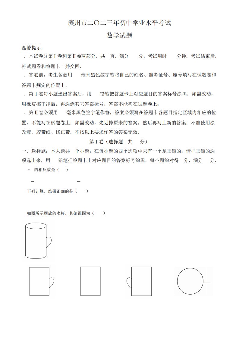 2023年山东省滨州市中考数学真题含解析