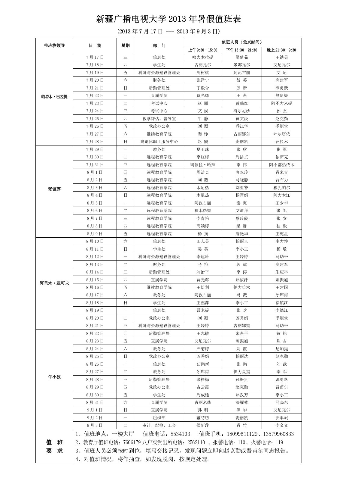 2015（更新）新疆广播电视大学2013年暑假值班表