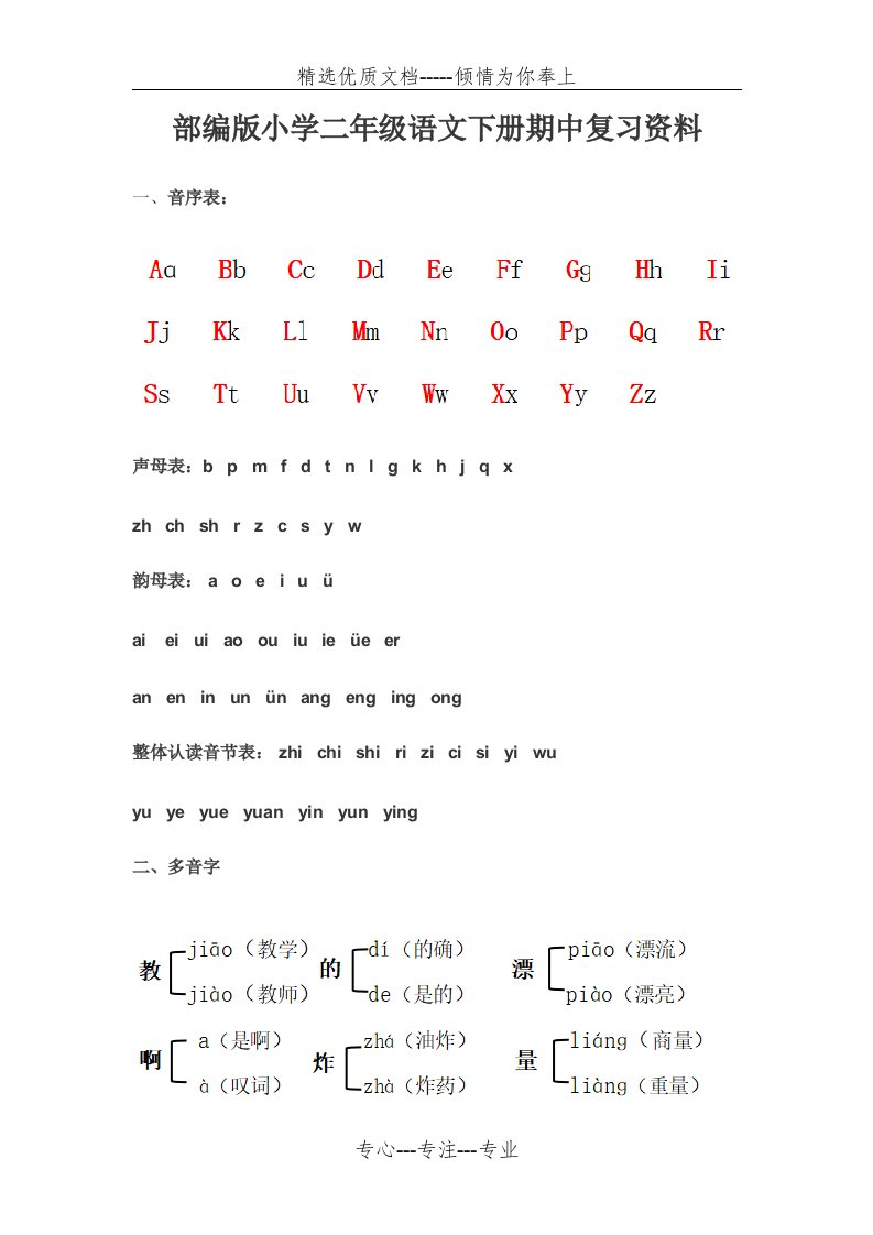 部编版小学二年级语文下册期中复习资料(共8页)