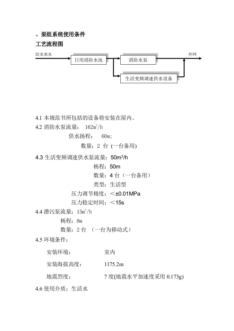 项目工程各泵组系统使用条件