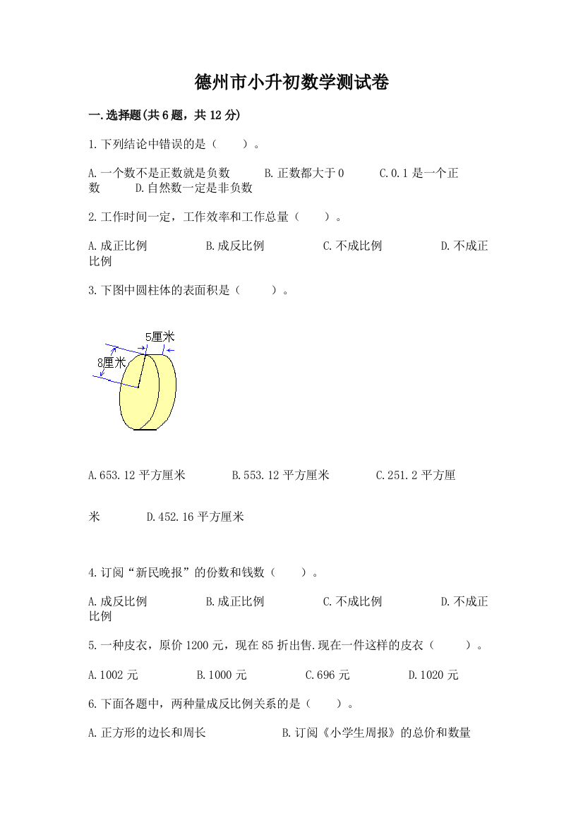 德州市小升初数学测试卷审定版