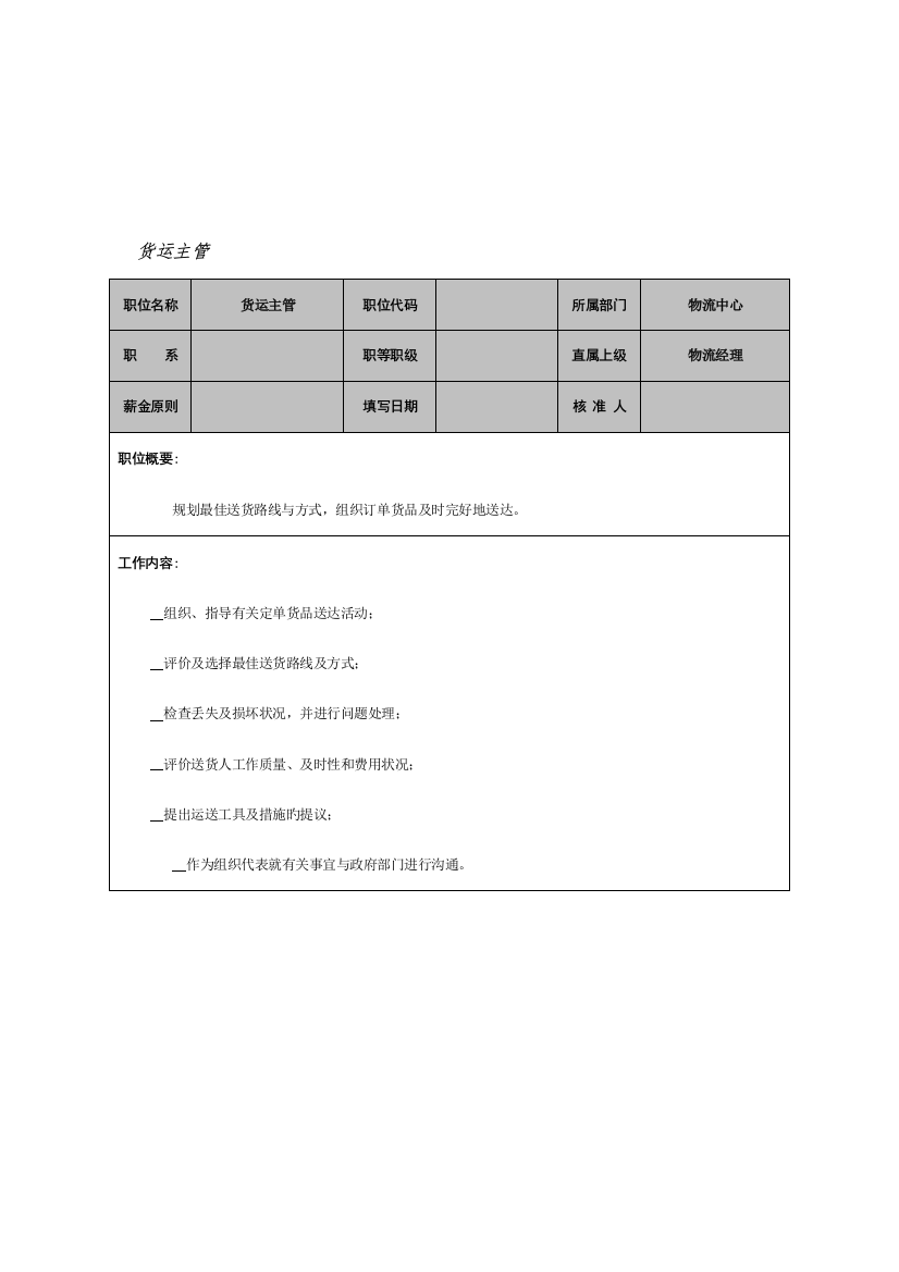 货运主管岗位说明书模板