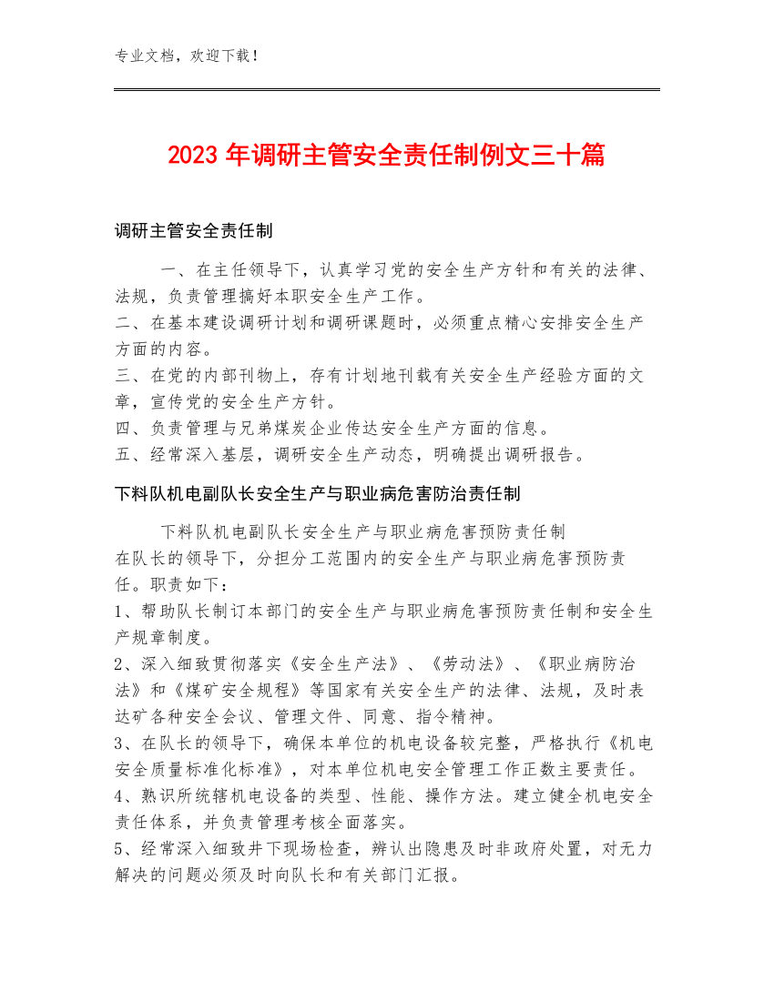 2023年调研主管安全责任制例文三十篇