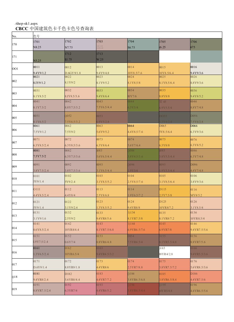 CBCC中国建筑色卡千色卡色号查询表