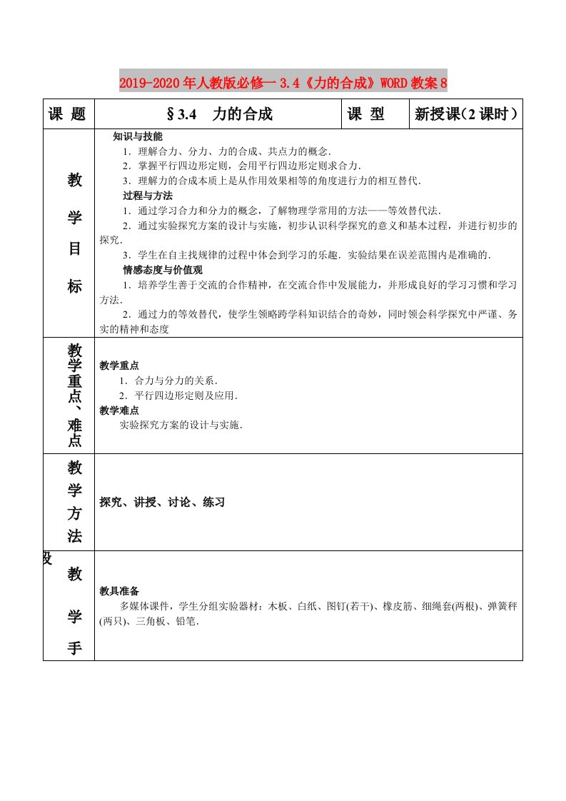 2019-2020年人教版必修一3.4《力的合成》WORD教案8