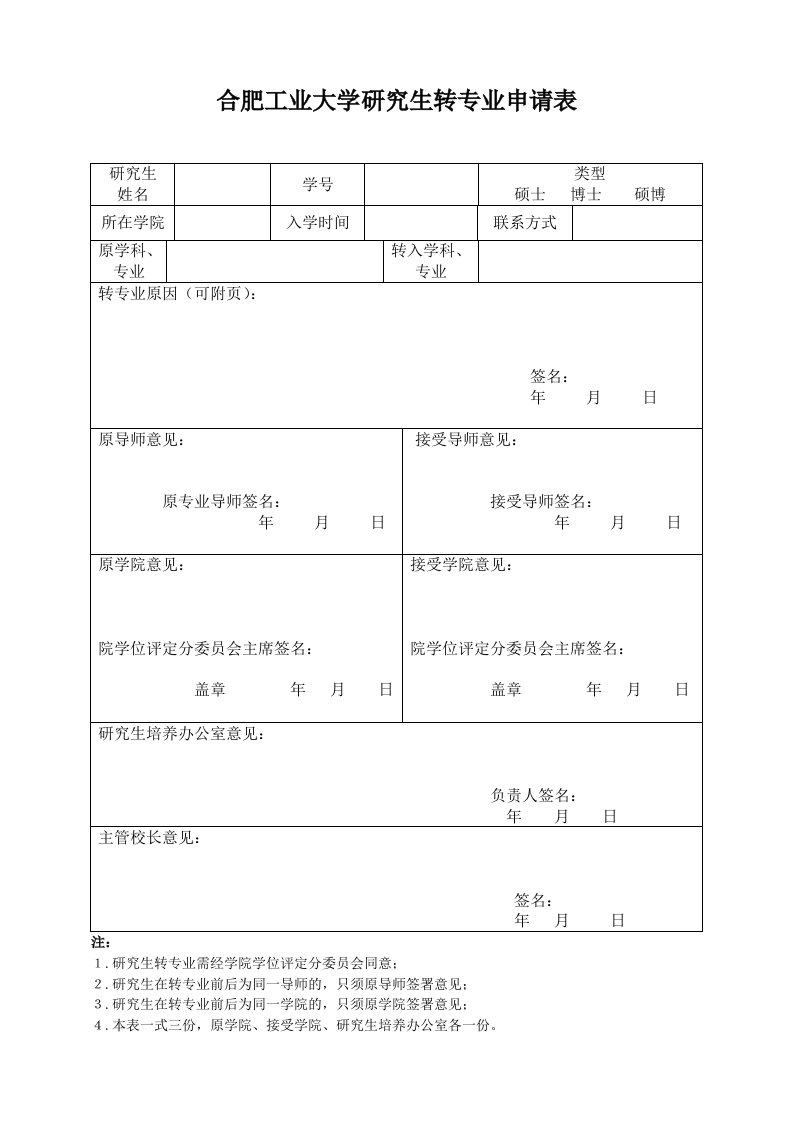 合肥工业大学研究生转专业申请表