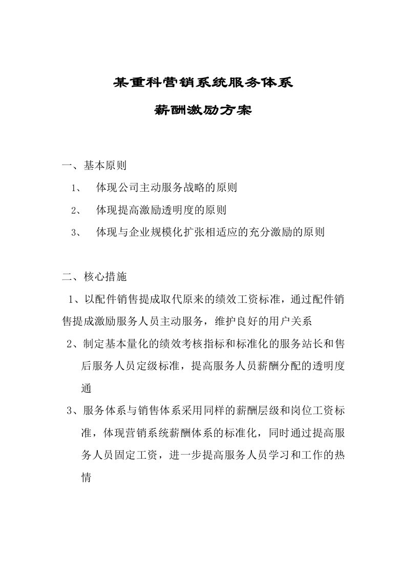 精选某某服务体系薪酬激励方案